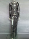 Bubble Beads Stick On Crystals Mesh See Through Maxi Dress
