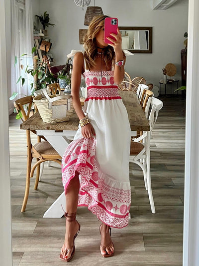 Summer Lace Printing Sweet Elastic Bohemian Maxi Dress