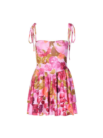 Floral Print Short Backless Lace up Tube Top Printed Dress