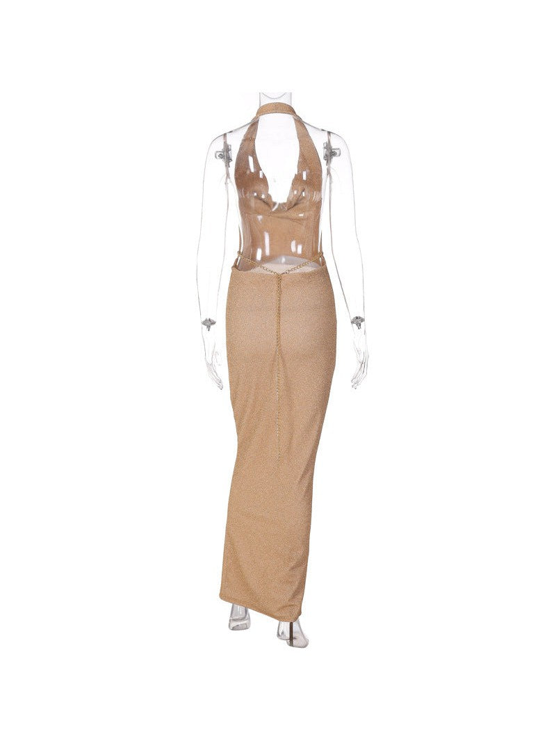 Golden Shimmer Backless Sleeveless Slim Dress