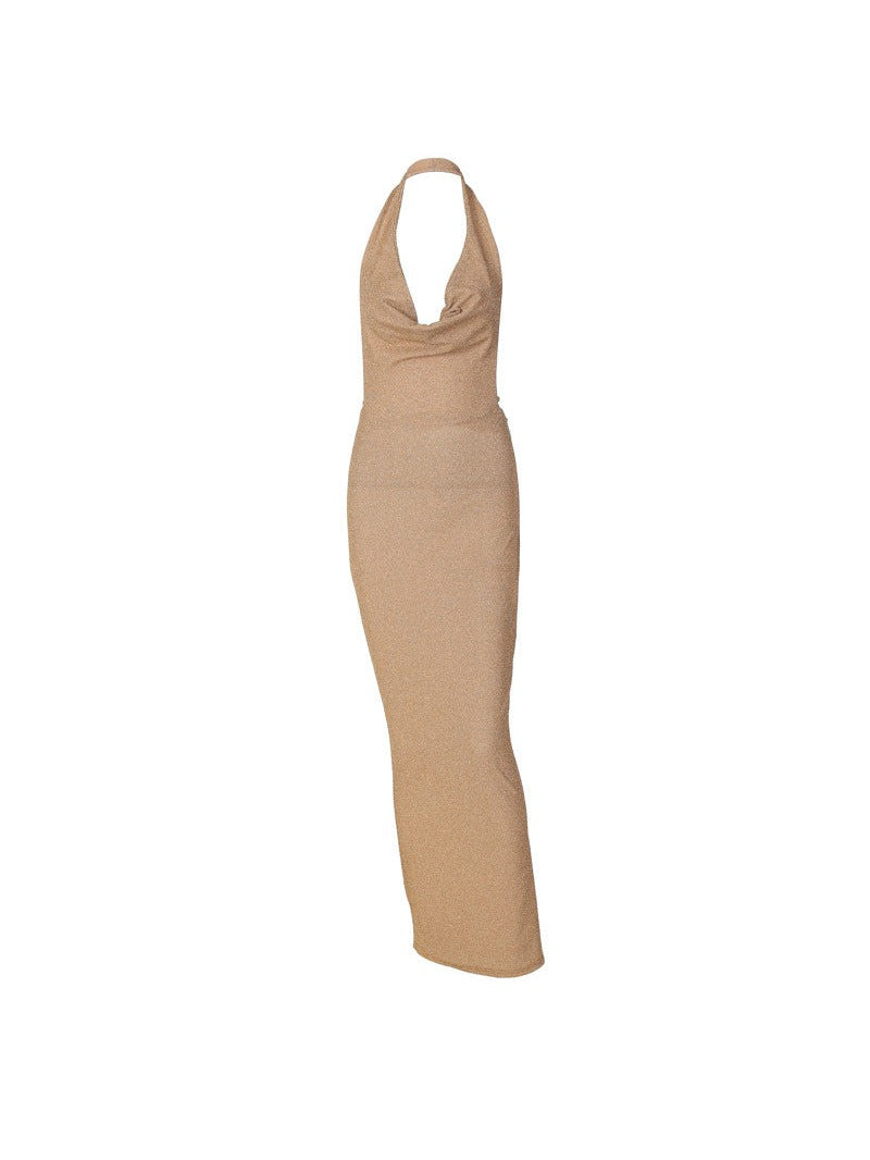 Golden Shimmer Backless Sleeveless Slim Dress