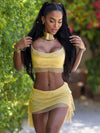 Yellow Mesh Stitching Bandeau Top & Two Piece Skirt Coord Set