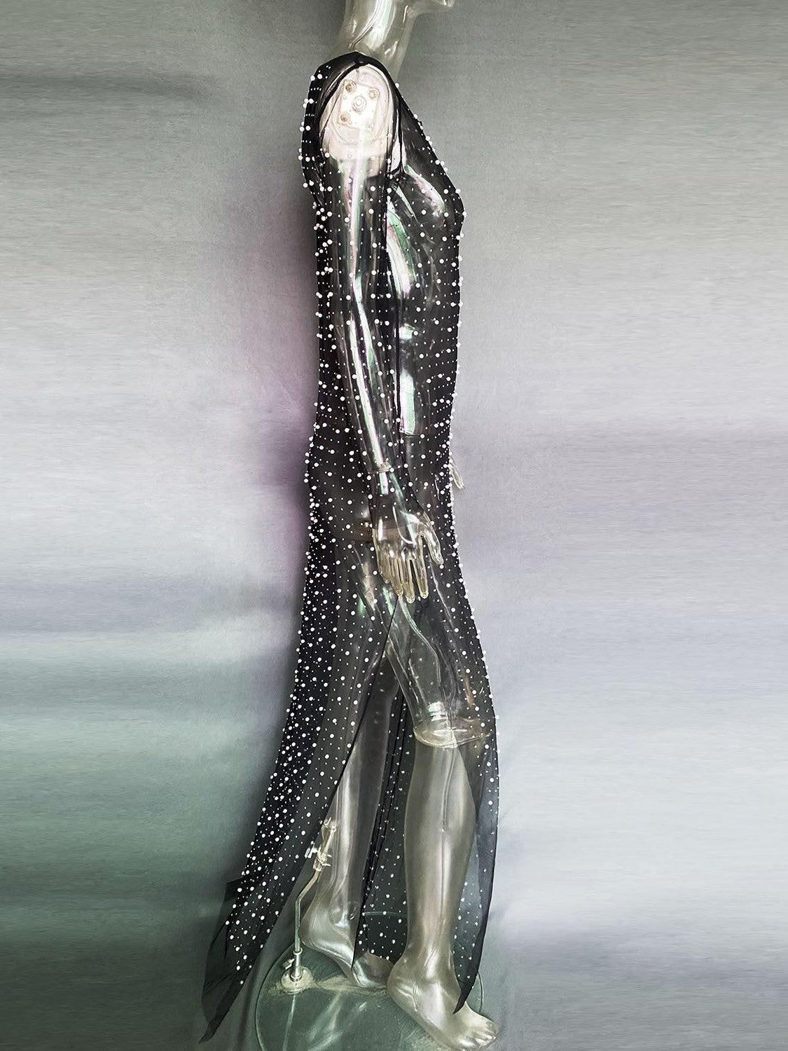 Beaded Mesh See Through Maxi Dress