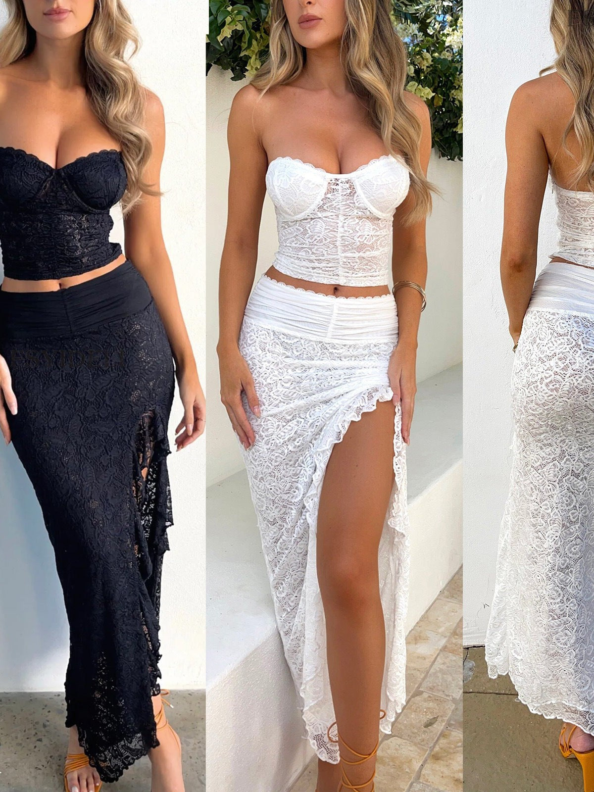 Black and white lace tube-top coord set with strapless bustier and high-slit asymmetric skirt.