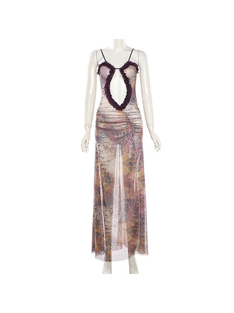 Cutout Suspender Ear Print Cropped Maxi Dress