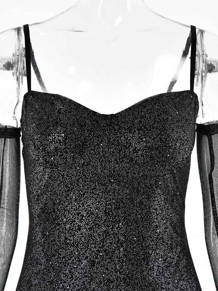 Mesh Silver Strap Tube Top Backless Hip Dress