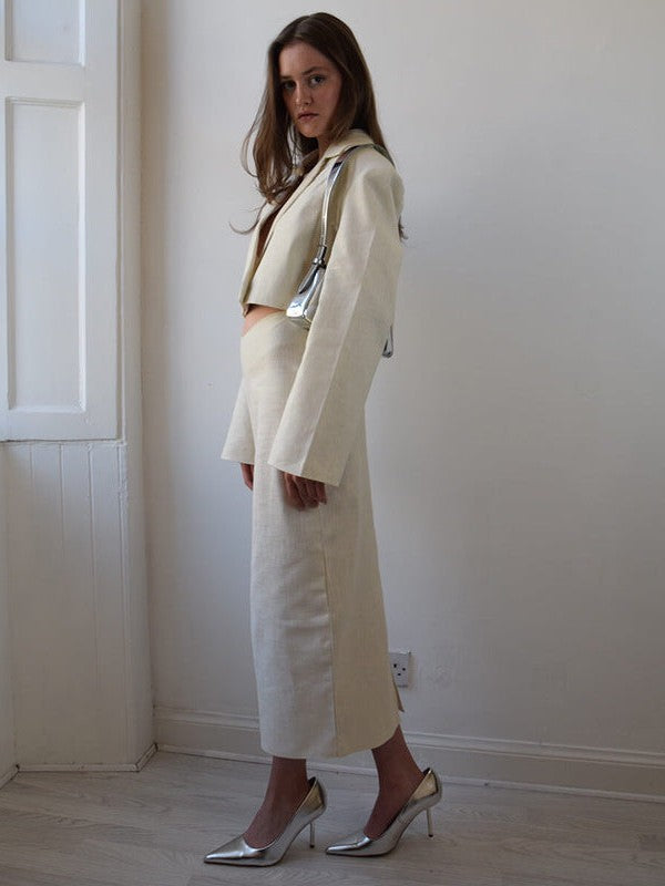 V Neck Short Blazer & Slit Skirt Coord Set