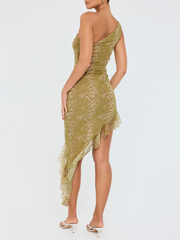 One Shoulder Mesh Stitching Hip Dress