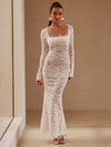Lace Stitching See through Long Sleeve Square Neck Sheath Dress