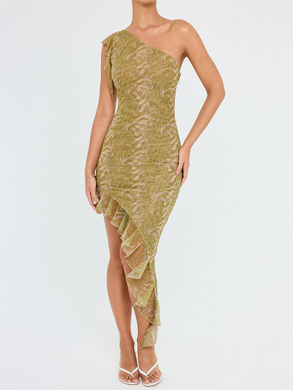 One Shoulder Mesh Stitching Hip Dress