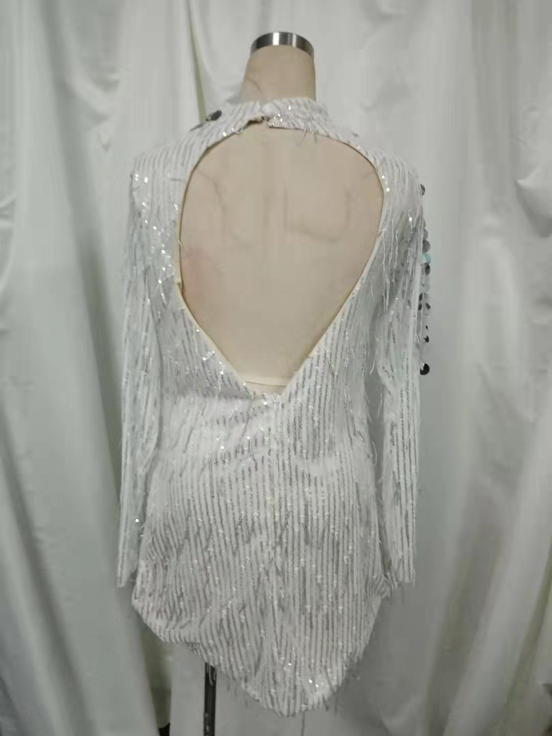 Round Neck Full Sleeve Backless Rhinestone Tassel Dress