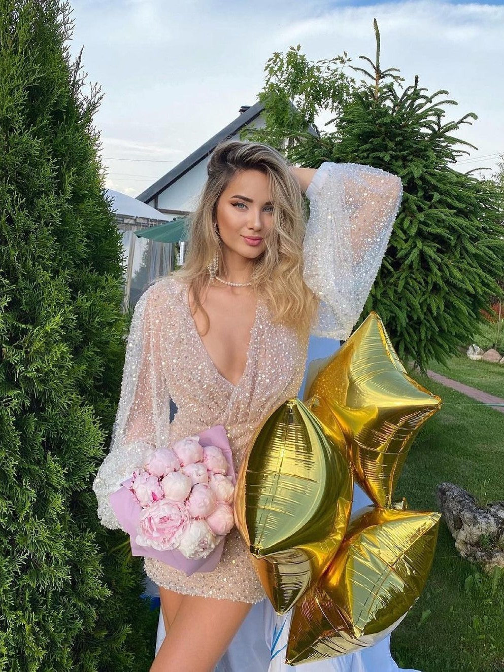 Lantern Sleeve Sequins Beaded V Neck Hip Dress