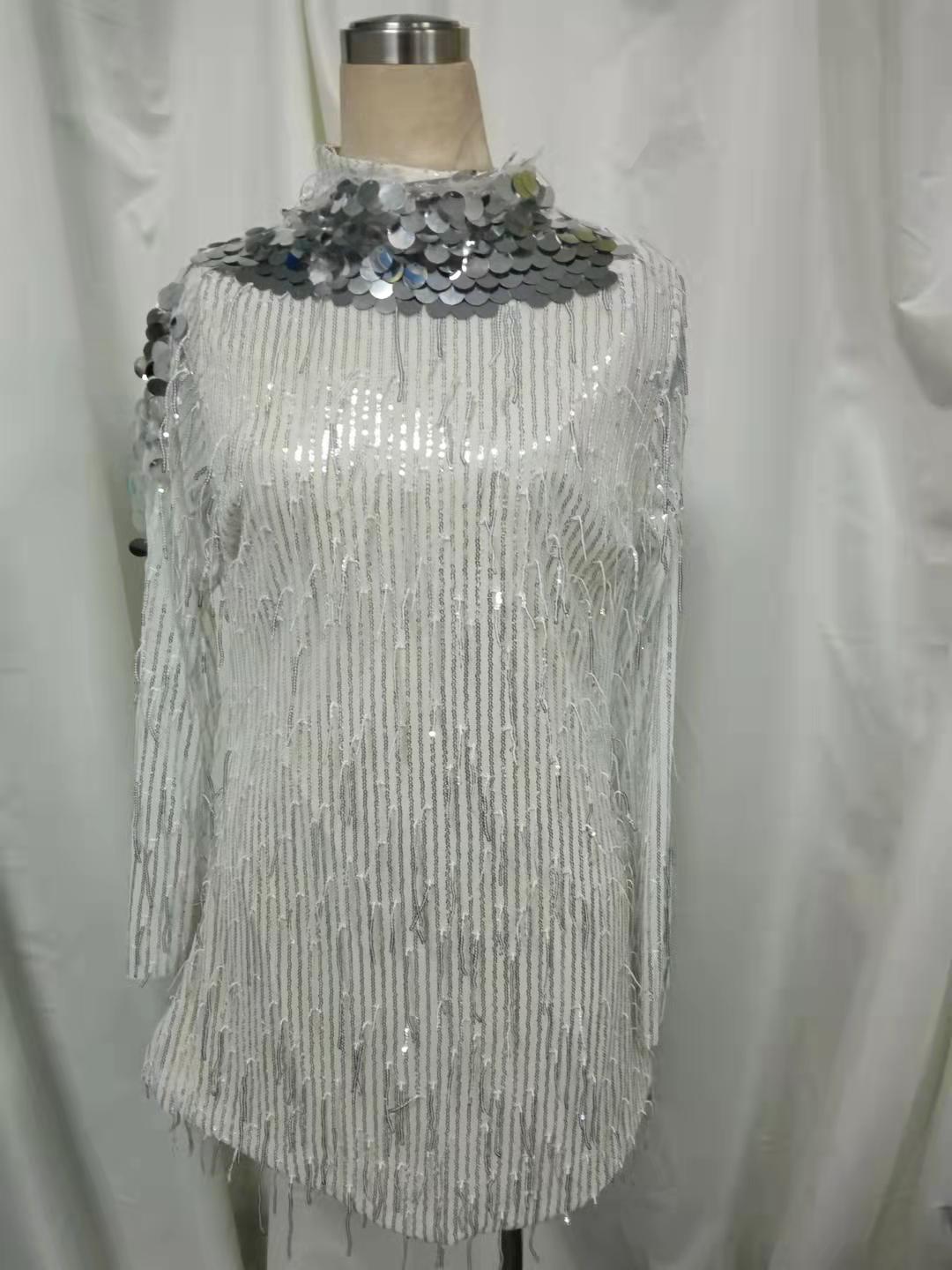 Round Neck Full Sleeve Backless Rhinestone Tassel Dress