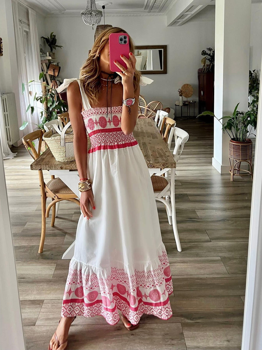 Summer Lace Printing Sweet Elastic Bohemian Maxi Dress