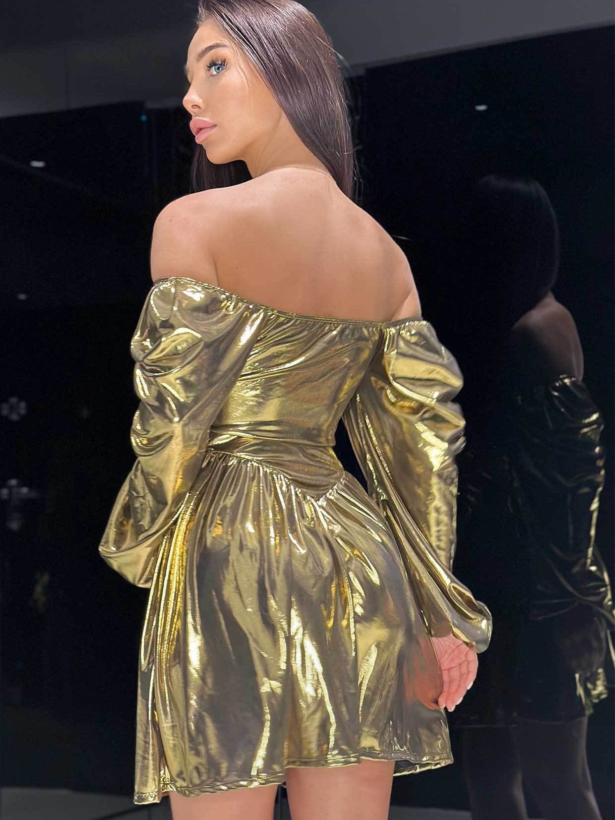 Off Shoulder Metallic Lace Up Tube Top Dress