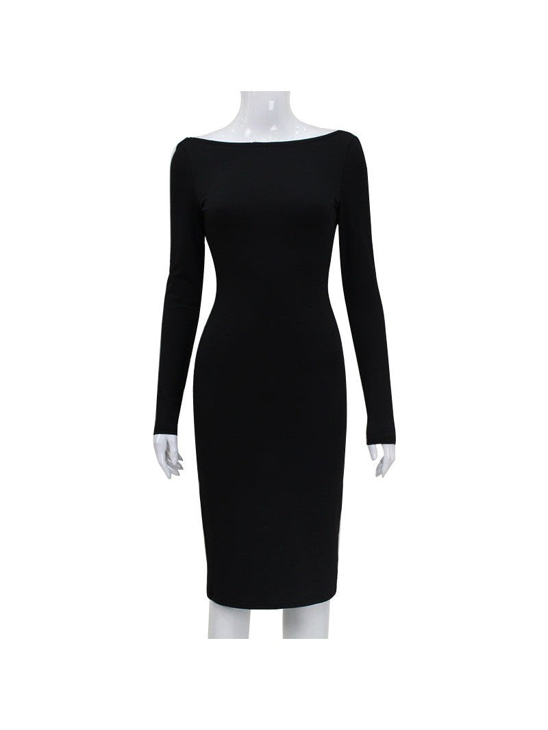 Full Sleeves Backless Pure Slit Midi Dress with Zipper