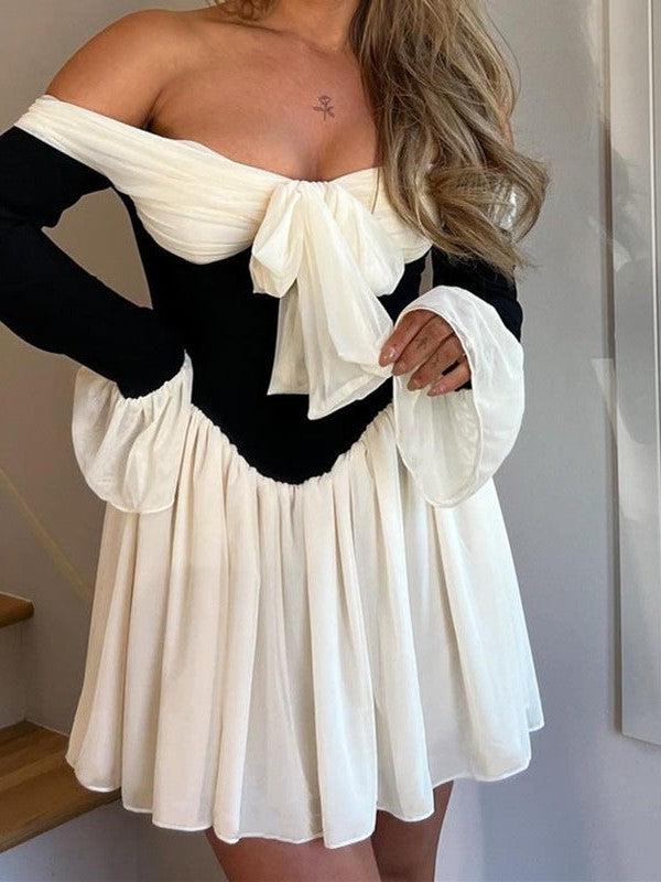 Off Shoulder Bell Sleeve A Line Ruffle Dress