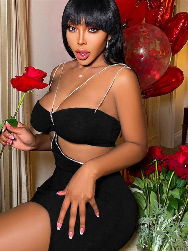 Rhinestone Suspenders Backless Hollow Out Slit Dress