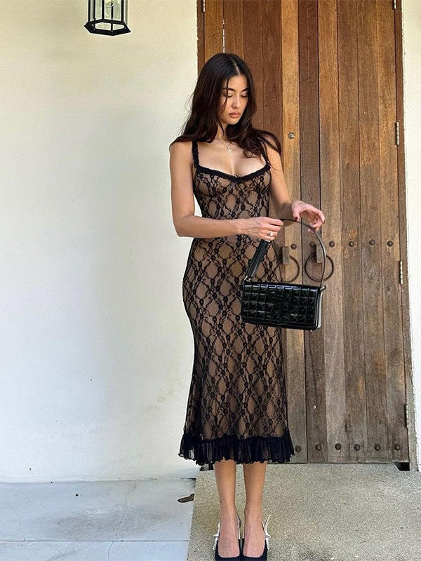 V Neck Lace Mesh Patchwork Dress