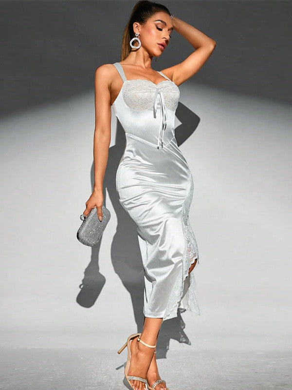 White Satin Lace Split Backless High Waist Dress