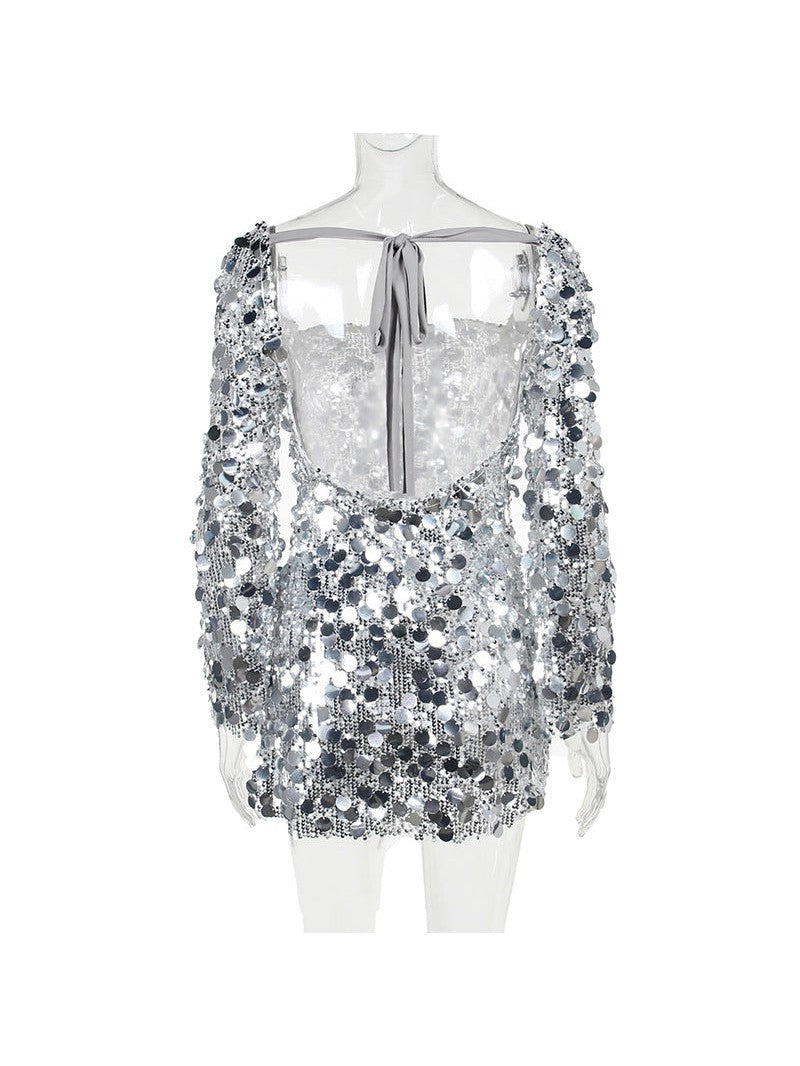 Square Neck Sequins Full Sleeve Backless Split Dress