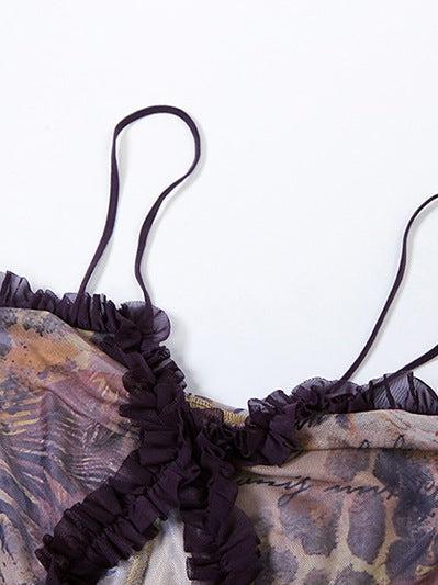 Cutout Suspender Ear Print Cropped Maxi Dress