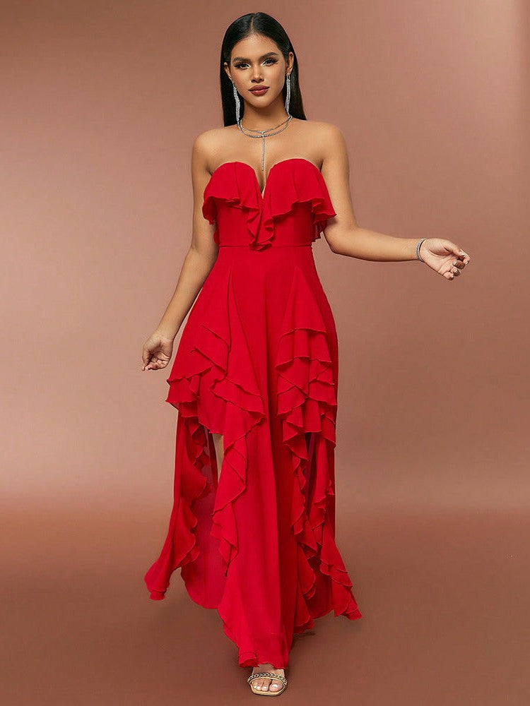 Red Ruffle Tube Top V neck Flounce Backless Evening Dress