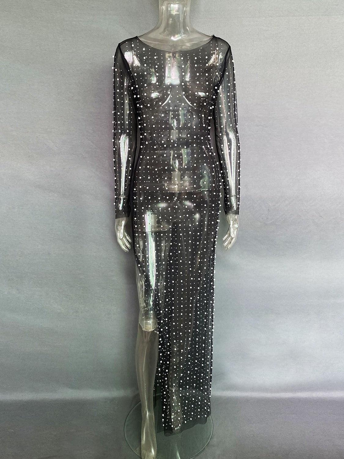 Beaded Mesh See Through Maxi Dress