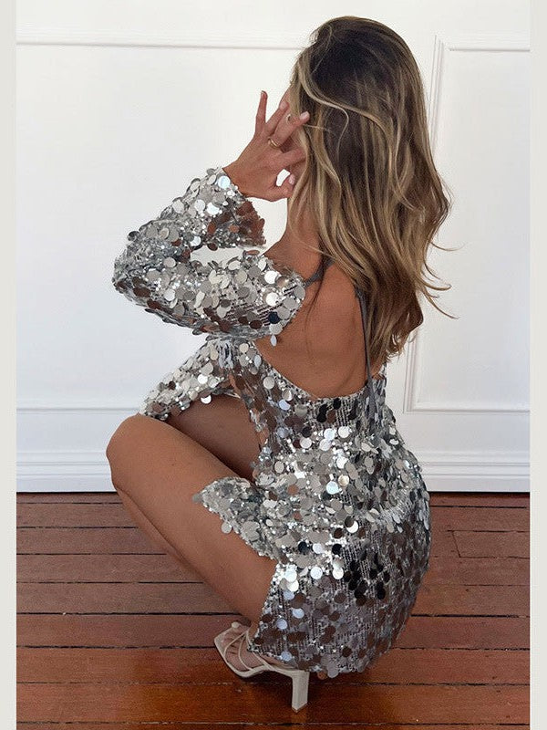 Square Neck Sequins Full Sleeve Backless Split Dress