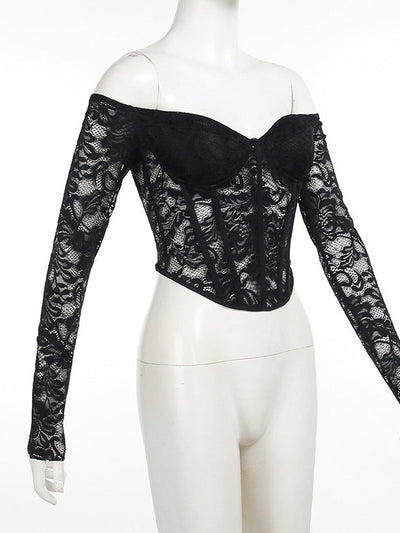 See through Push up Off Shoulder Lace Waist Full Sleeves Top