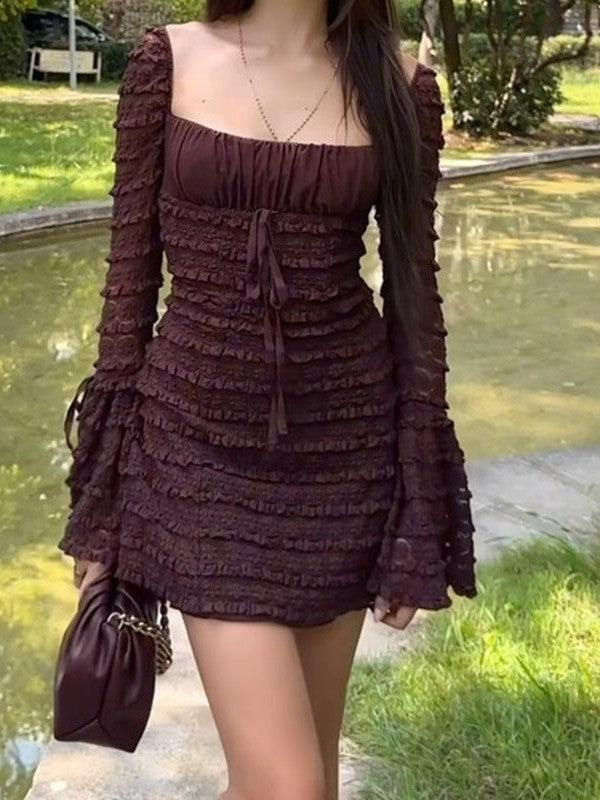 Brown/ Black Square Collar Low Cut Bell Sleeve Dress