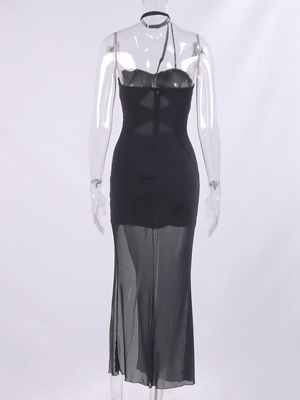 Mesh Hollow Out Cutout Backless See Through High Slit Maxi Dress