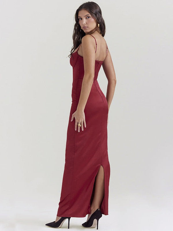Red V Neck Strap Backless Stitching Split Dress