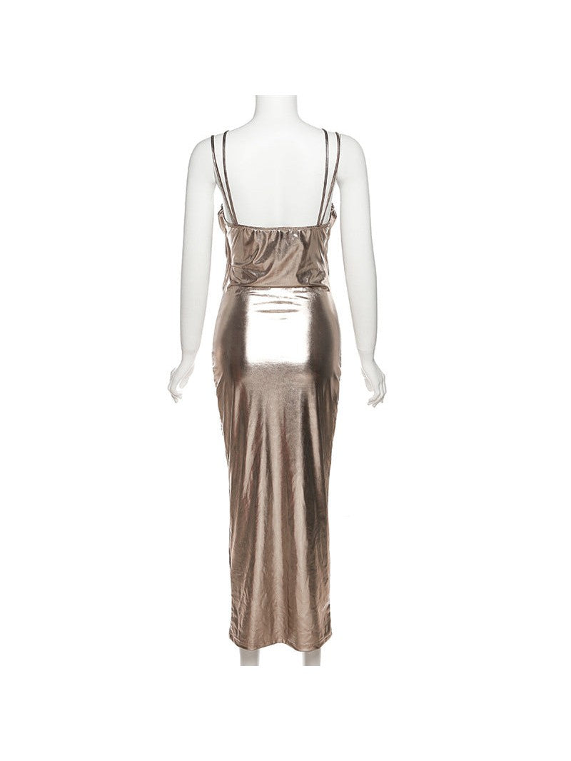 Metallic Suspenders Off the Shoulder Slim Sheath Dress