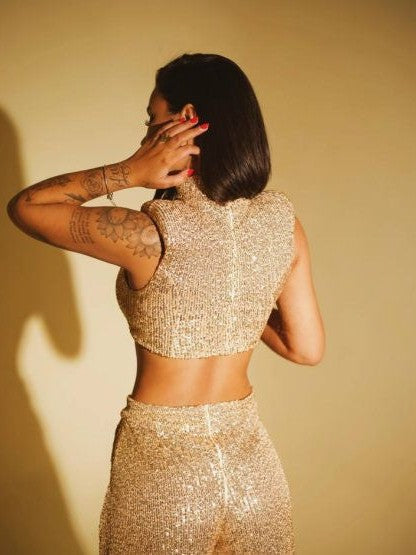 Sequins Sleeveless O Neck Short Top & Casual Trousers Coord Set