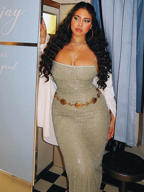 Knitted Tube Top Sleeveless Casual Sequin Strap Dress