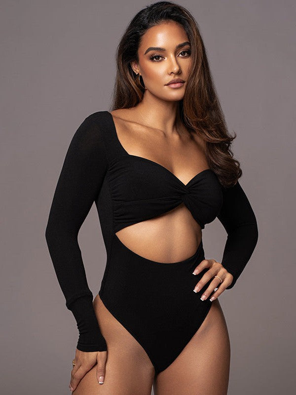 V Neck Long Sleeve Hollow Out Cutout Cropped Bodysuit