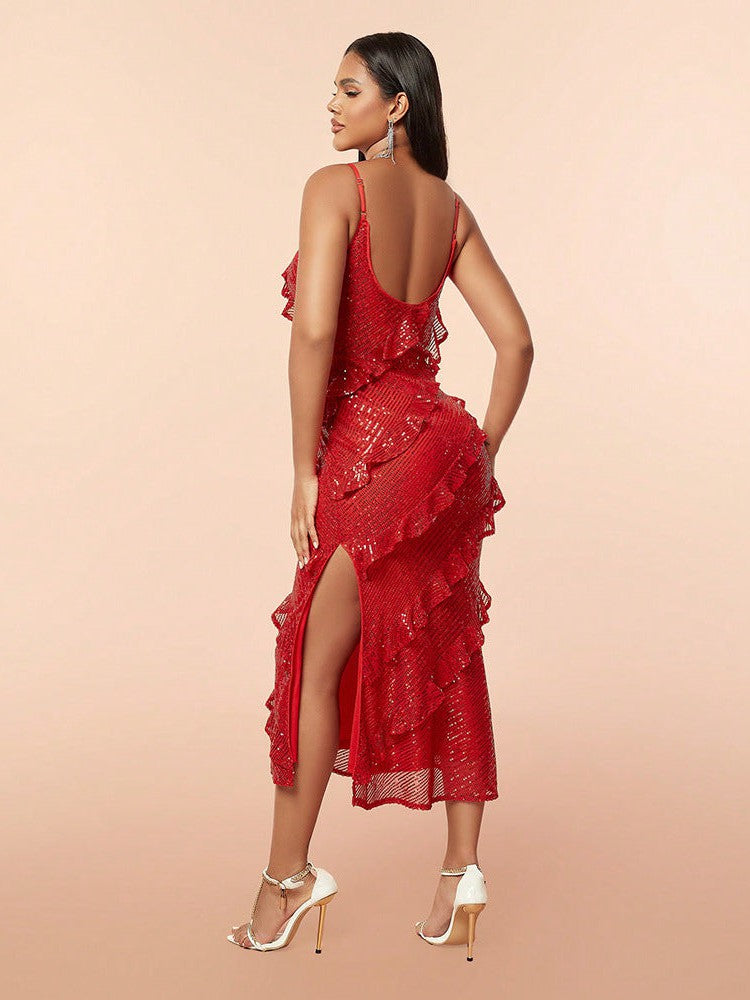 Red Ruffles Sequins Backless Maxi Dress