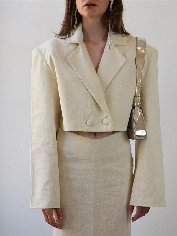 V Neck Short Blazer & Slit Skirt Coord Set