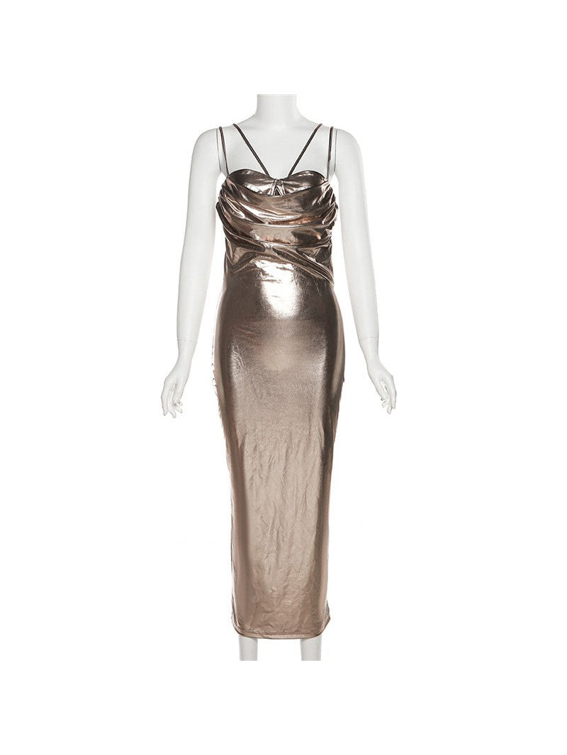 Metallic Suspenders Off the Shoulder Slim Sheath Dress