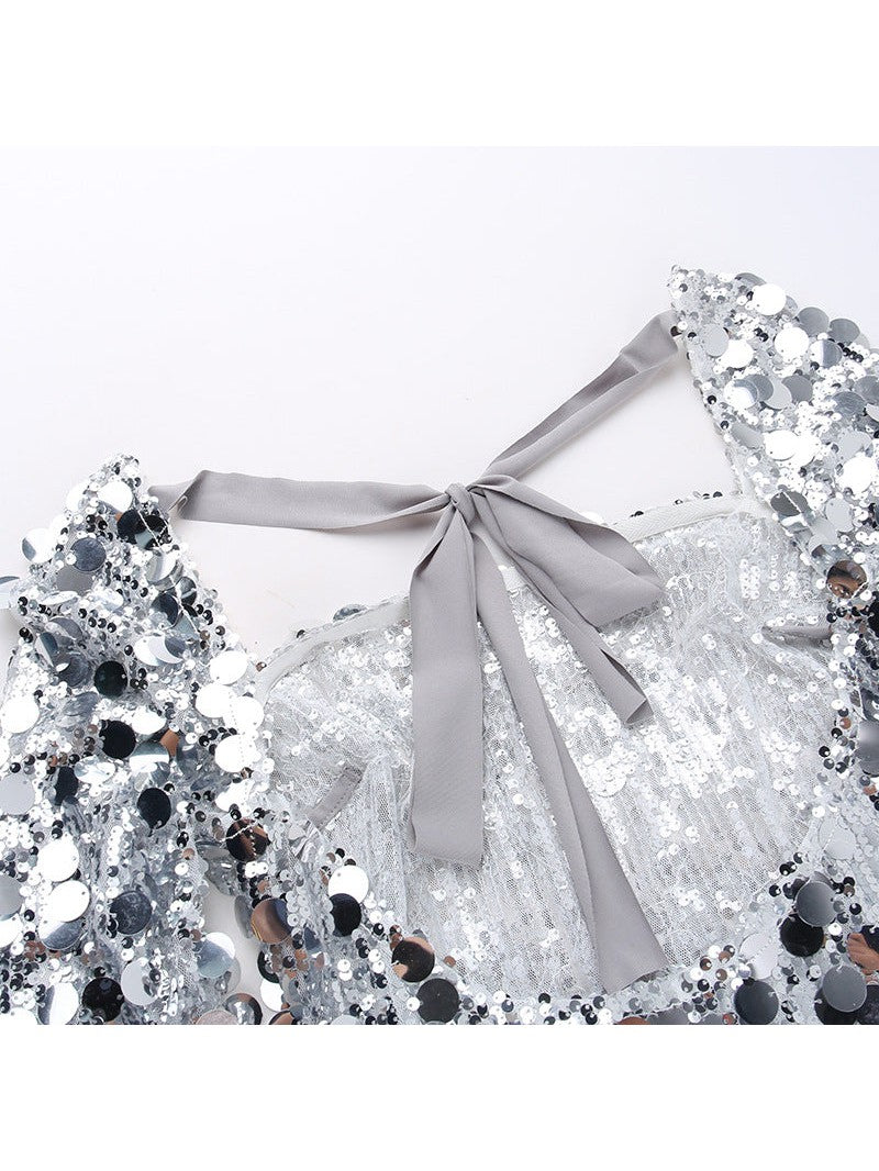 Square Neck Sequins Full Sleeve Backless Split Dress