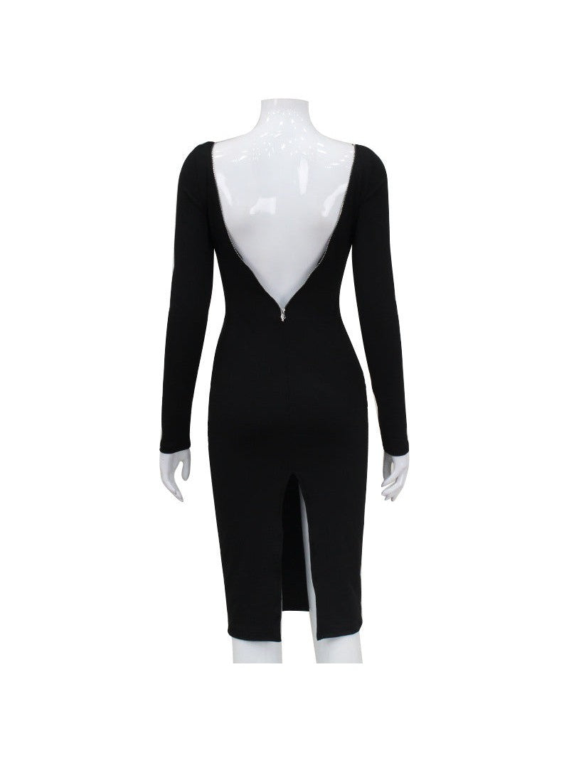 Full Sleeves Backless Pure Slit Midi Dress with Zipper