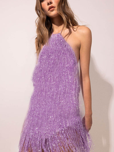 Halterneck Purple Tassel Sequins Dress
