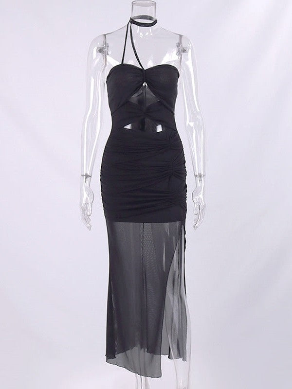 Mesh Hollow Out Cutout Backless See Through High Slit Maxi Dress