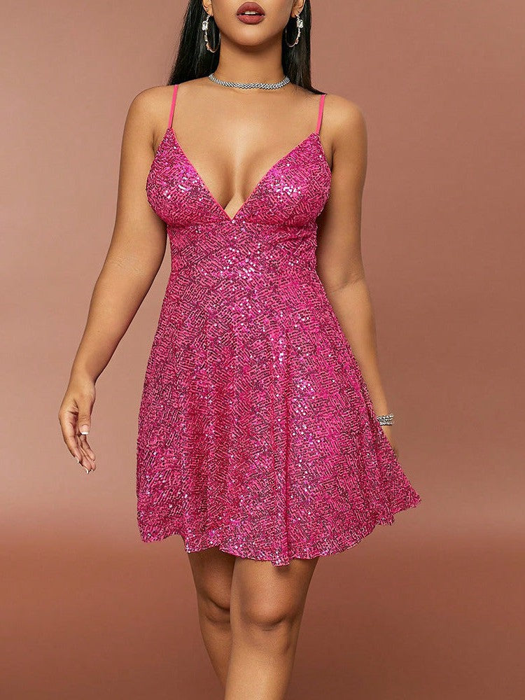 Deep V Plunge Neck Sequins Suspender Dress