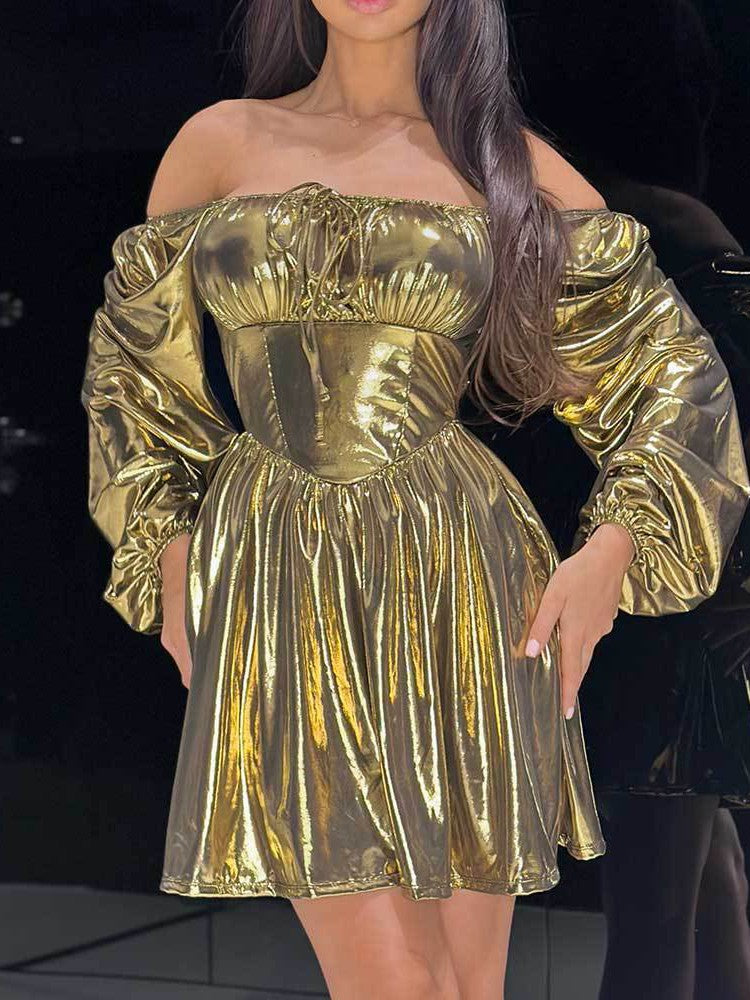 Cheap AOMEI Shiny Prom Dresses for Women Gold Off Shoulder Metallic Smocked  Backless High Waist Robe Party Evening Elegant Luxury Celebrity Vestido |  Joom