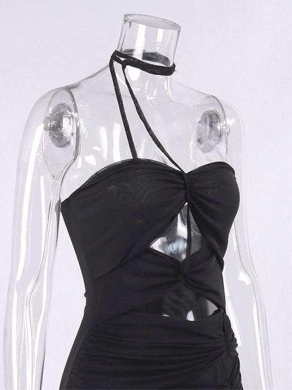 Mesh Hollow Out Cutout Backless See Through High Slit Maxi Dress