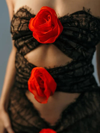 Floral Lace Rose Tube Cutout See through Maxi Dress