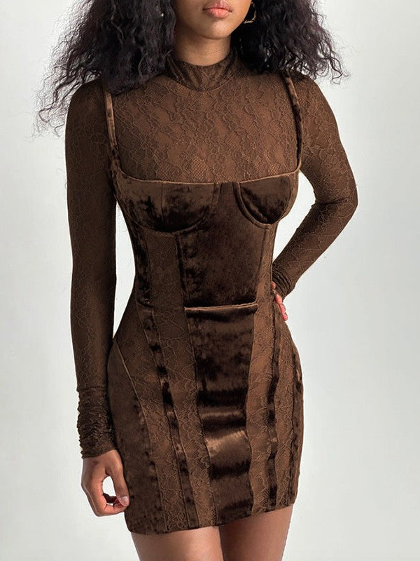 Velvet Patchwork Round Neck Long Sleeve Lace Dress