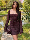 Brown/ Black Square Collar Low Cut Bell Sleeve Dress